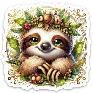 Die cut sticker of an adorable green eyed sloth wearing a crown. Set of 2